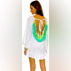 Sundress Brand Dress Cover Up Size XS White green Tassels Ruffle Sleeve